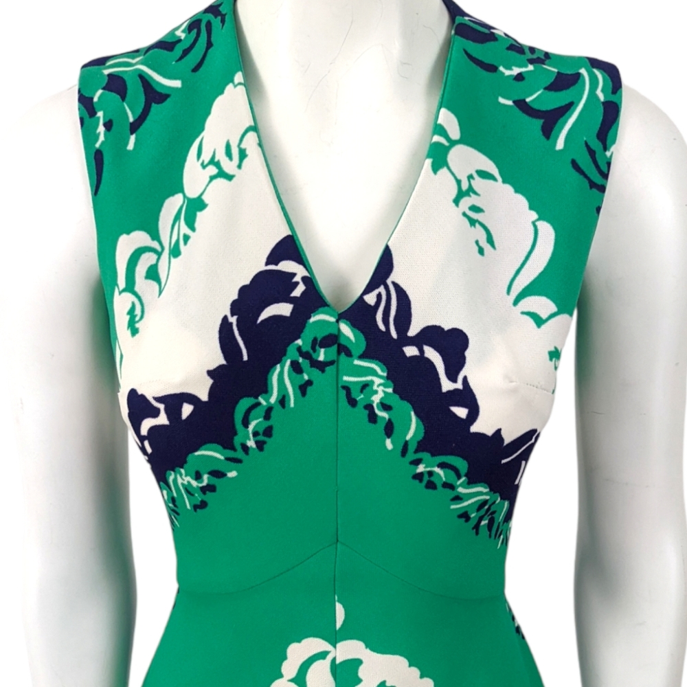 Vintage 70s 1970s Maxi Dress Mod Womens Small Green Blue Sleeveless V Ne… - Picture 2 of 13